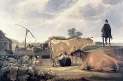 Cows with a milkmaid in a farmyard by Aelbert Cuyp