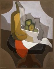 Cubist still life painting featuring a table draped with a red cloth and various objects