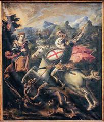 Saint George fighting the dragon painting by Francesco Potenzano in the sacristy of St. John's Co-Cathedral Valetta Malta