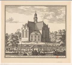Historical engraving of Noorderkerk church and Noordermarkt market in Amsterdam with boats, market stalls and people, dated 1662-1720