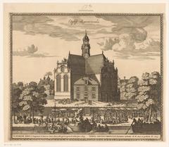Historical engraving of Noorderkerk church and Noordermarkt market in Amsterdam with people, market stalls, and boats on the canal