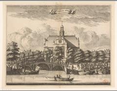 View of the Noorderkerk and part of Noordermarkt in Amsterdam from the Prinsengracht canal, featuring a bridge over Anjeliersgracht, market scene with boats and figures, etching from 1693-1694