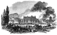 Great Fire at Montreal visible from the North Corner of the Champ de Mars with billowing smoke and flames over historic buildings