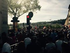 Armenian Genocide 100th Anniversary demonstration in Lyon on April 24, 2015 with people holding Armenian flags and banners