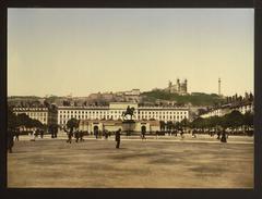 View of Bellecour Place in Lyons, France with historic buildings and open square