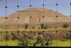 View of Teotihuacán pyramid through a window at el Museo del Sitio