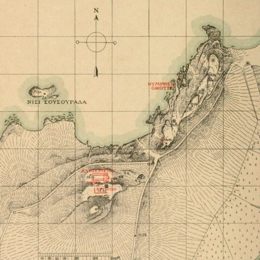 Detail map showing the layout of Asklepieion and Pythion on Paros island, Cyclades, Greece from 1901