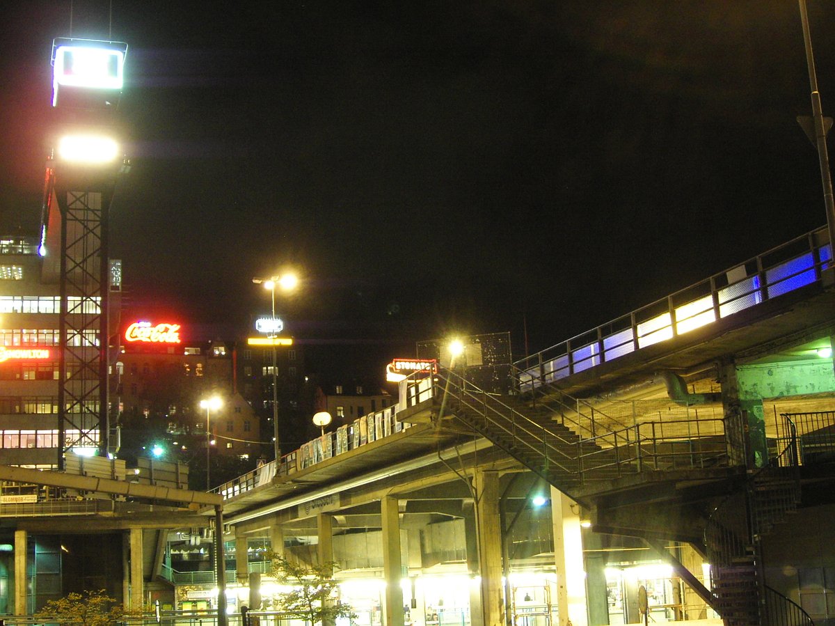 Cityscape of Stockholm with waterfront buildings and boats in August 2006