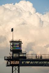 View of the Katarina Elevator with observation deck under cloudy sky at Slussen in central Stockholm
