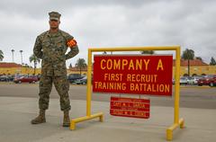 Lance Cpl. Justyn K. Jones standing outside squad bay at Marine Corps Recruit Depot San Diego