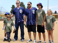 San Diego Padres players Brad Boxberger and Rene Rivera at baseball camp with children at Marine Corps Recruit Depot San Diego