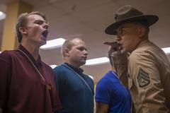 Staff Sgt. Jay Kahl correcting a recruit at Marine Corps Recruit Depot San Diego during initial training
