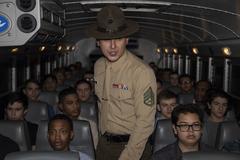 Drill instructor welcoming new Marine recruits at Marine Corps Recruit Depot San Diego