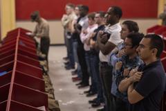 New Marine recruits receiving contraband briefing at Marine Corps Recruit Depot San Diego