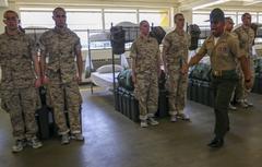 U.S. Marine Corps drill instructor urging recruits to move faster during training at Marine Corps Recruit Depot San Diego