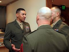 First Lt. Adrian Gutierrez speaking with military police officers at 2012 Senior Leaders Security Conference Awards Banquet