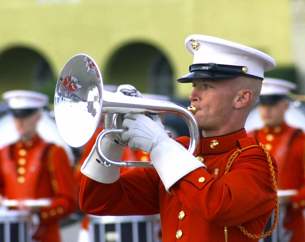 United States Marine Corps Drum and Bugle Corps member performing at Marine Corps Recruit Depot San Diego