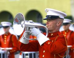 United States Marine Corps Drum and Bugle Corps member performing at Marine Corps Recruit Depot San Diego