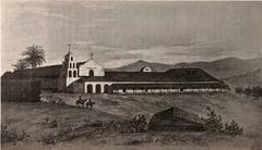 Painting of Mission San Diego de Alcalá in 1848 showing original bell tower