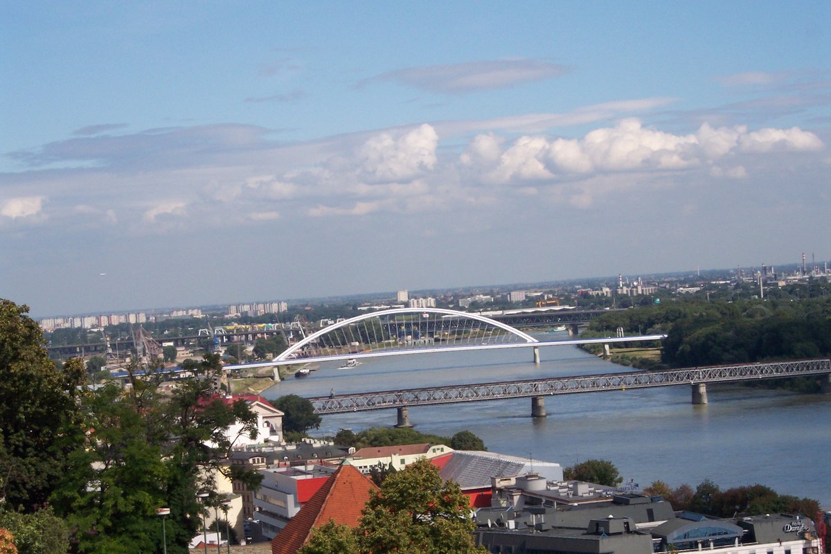 Bridges over the Danube River in Bratislava with city skyline