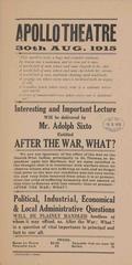 Apollo Theater bill advertising Adolph Sixto's performance 'After the War, What?' dated August 30, 1915