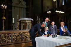 President Barack Obama and Swedish Prime Minister Fredrik Reinfeldt at Great Synagogue of Stockholm viewing Raoul Wallenberg possessions