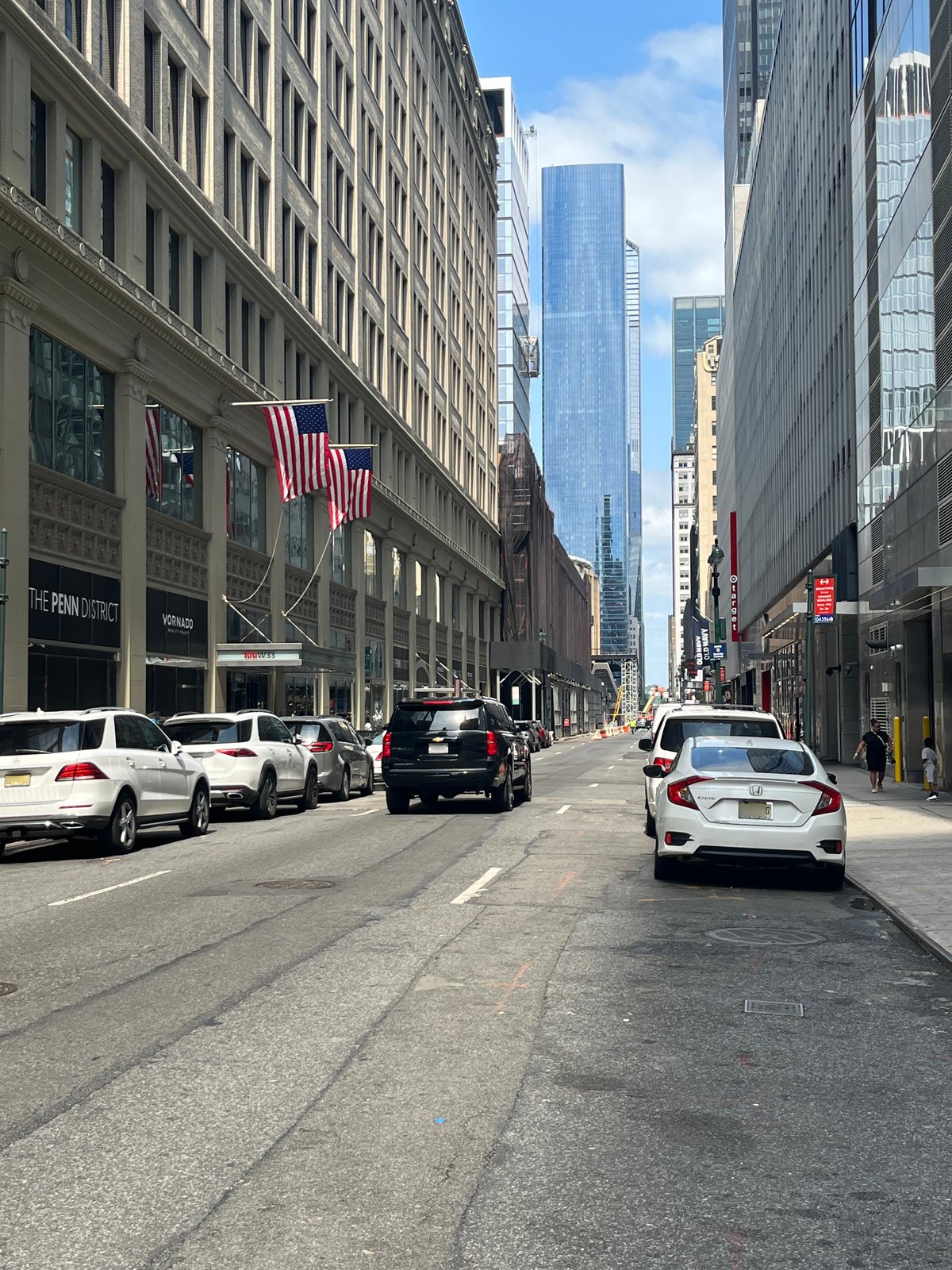 View of 1 Manhattan West skyscraper from West 34th Street in May 2023