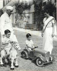 Jawaharlal Nehru with Indira, Rajiv and Sanjay Gandhi at Teen Murti House in a historic black and white photograph