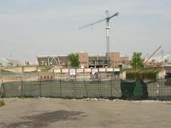 New Juventus stadium under construction in Turin with foundations of the old Stadio delle Alpi visible June 2010
