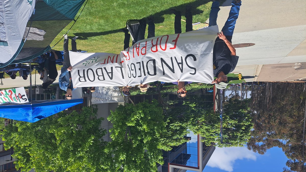 Warren Mall with a protest sign reading San Diego Labor for Palestine