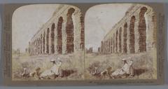 Aqueduct of Claudius near Rome with a woman and two children in foreground