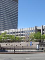 Government Center in Boston, Massachusetts with modern and historic buildings under blue sky