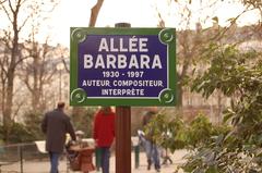 Plaque en l'honneur de Barbara dans l'allée Barbara au square des Batignolles à Paris