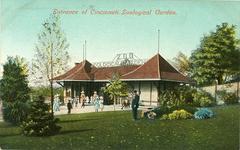 Vintage postcard showing the entrance of the Cincinnati Zoo in 1875