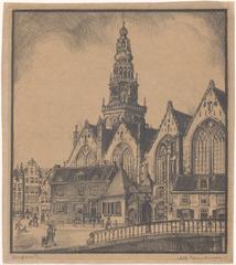 View of the spire and chapels of Oude Kerk Amsterdam with a bridge railing in the foreground lithograph by Albert Hemelman 1902-1951
