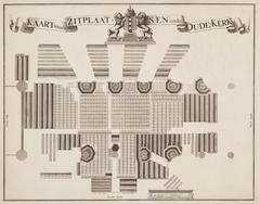 Map of seating arrangements in the Oude Kerk Amsterdam around 1700 showing pillars, chandeliers and Amsterdam coat of arms