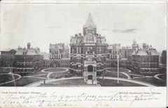 Front of postcard showing Cook County Hospital in Chicago Illinois