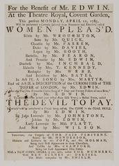 Playbill of Covent Garden theatre announcing performances on April 11, 1785 including Women pleas'd and others for Mr. Edwin's benefit