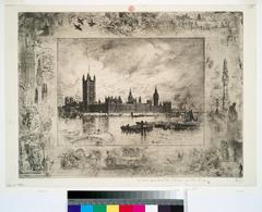 Historical black and white illustration of Westminster Palace with detailed architectural features and surrounding water, part of the Samuel Putnam Avery Collection