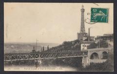 Viaduc du tramway Fourvière - Loyasse with Lyon's metallic tower and La Croix-Rousse hill seen from Parc de la Sarra, black and white postcard