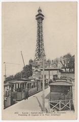 View from the upper station of the Saint-Paul-Loyasse funicular in Lyon, black and white postcard showing the Fourvière station, Loyasse tramway and metallic tower