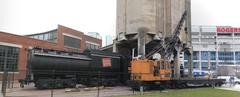 Locomotive next to the watertower at John Street Roundhouse in Toronto