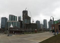 Toronto skyline near John Street Roundhouse during sunset