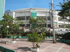 Gateway Mall and surrounding buildings at Araneta Center in Cubao, Quezon City with streets and Smart Araneta Coliseum in the background