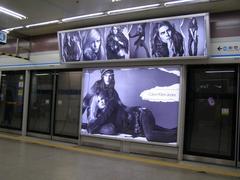 Myeongdong Station entrance with colorful advertisements and passengers
