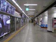 Myeong-dong Station subway platform on Seoul Subway Line 4 with commuters and trains