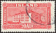 Red 1925 Iceland stamp showing the National Museum in Reykjavik, postmarked, nominal value 20 Aurar