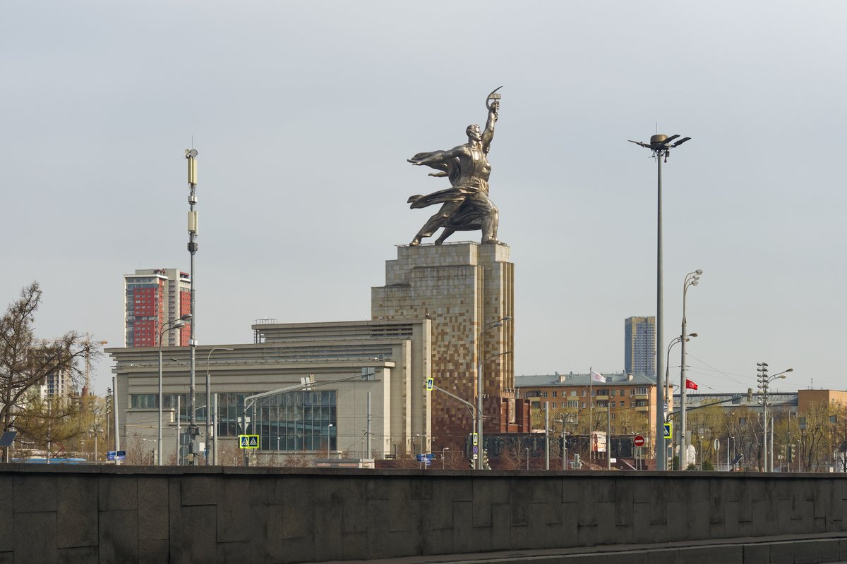 The Worker and Kolkhoz Woman statue in Moscow, a prominent Soviet-era sculpture depicting a male worker and a female kolkhoz farmer holding a hammer and sickle