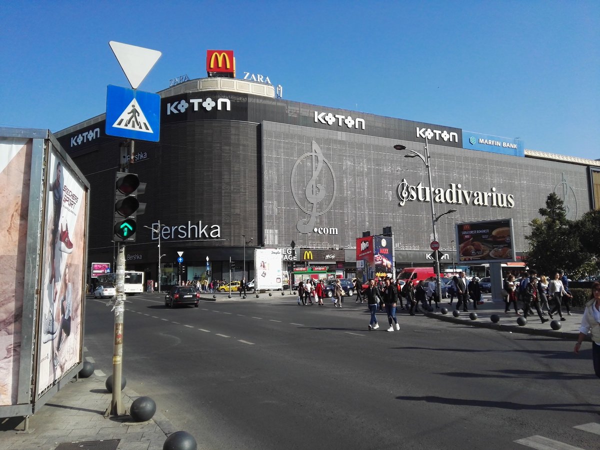 Unirea Shopping Center exterior view in Bucharest, Romania
