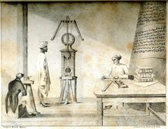 Interior of Madras Observatory featuring an intricate chronometer and scientific instruments